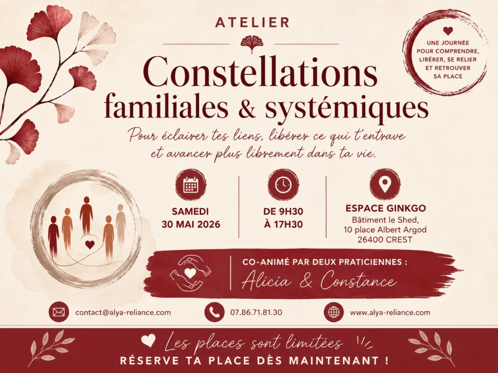 Affiche de l’atelier de constellations familiales et systémiques organisé à Crest dans la Drôme par Alya Reliance le 30 mai 2026
