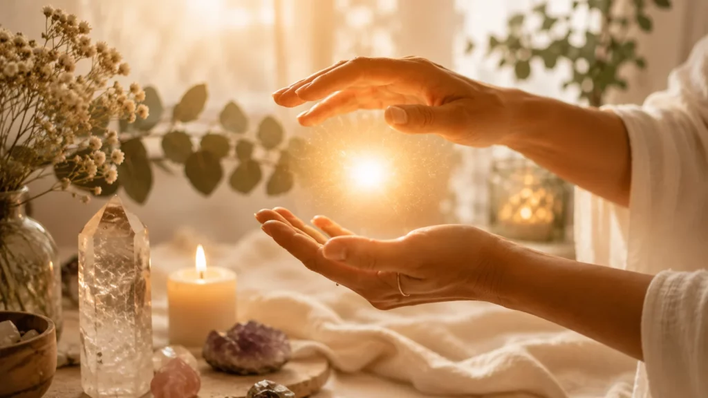 Mains lumineuses symbolisant une séance de magnétisme avec Alya Reliance