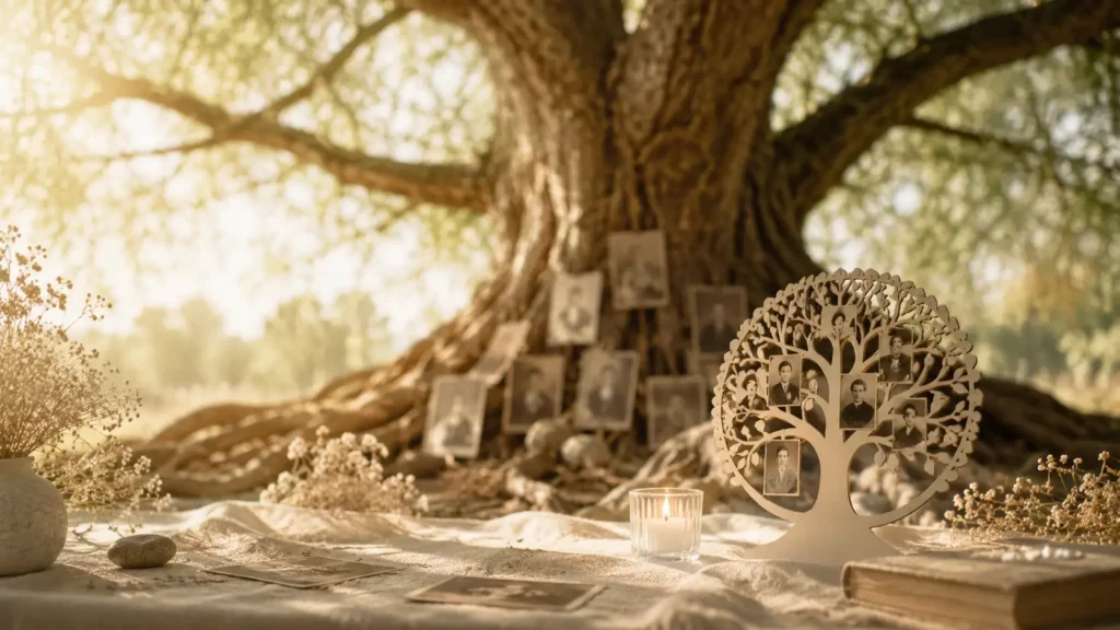 Arbre familial et photos anciennes symbolisant une séance de psychogénéalogie à Montélimar