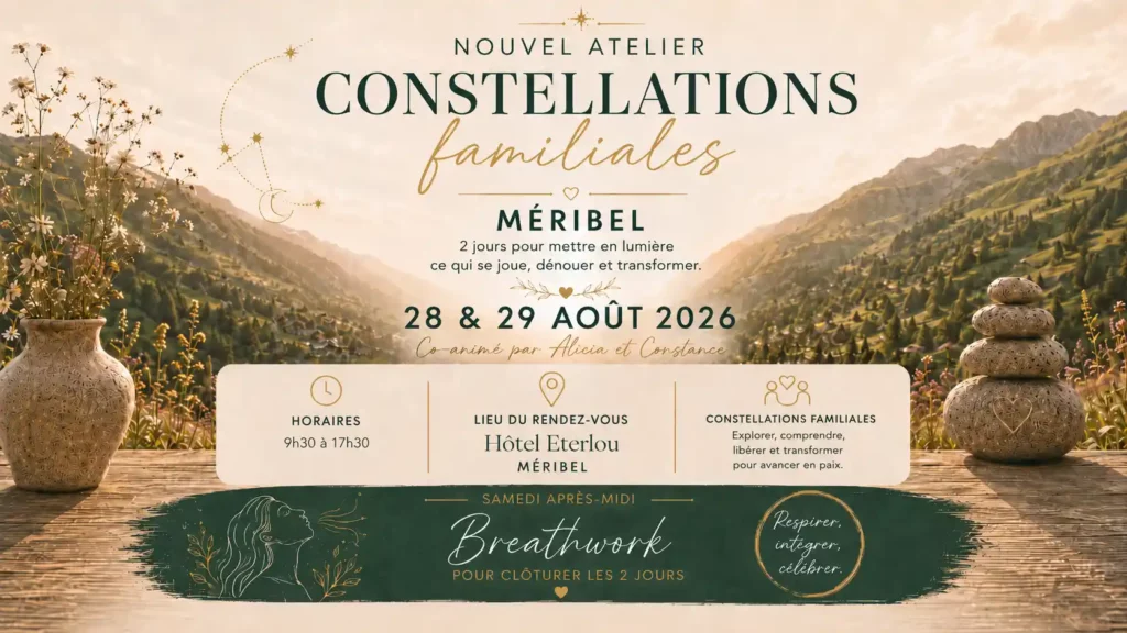 Atelier Constellations Familiales et Breathwork à Méribel les 28 et 29 août 2026, co-animé par Alicia et Constance