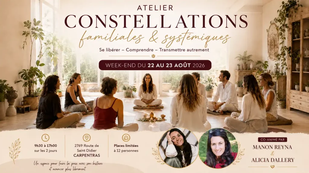 Atelier Constellations Familiales & Systémiques à Carpentras les 22 et 23 août 2026, co-animé par Manon Reyna et Alicia Dallery