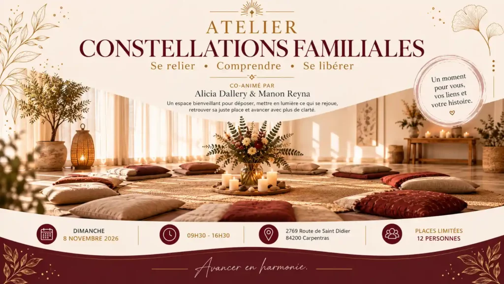 Atelier de constellations familiales à Carpentras le 8 novembre 2026, cercle de coussins autour de bougies