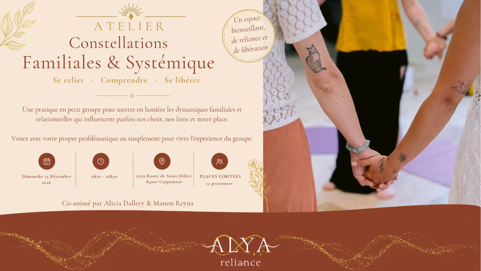 Affiche de l’atelier de constellations familiales à Carpentras le 13 décembre 2026, co-animé par Alicia Dallery et Manon Reyna