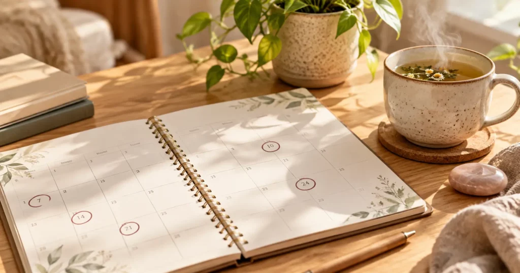 Calendrier avec des dates espacées et une tasse de tisane, pour choisir le rythme de ses séances de soin énergétique